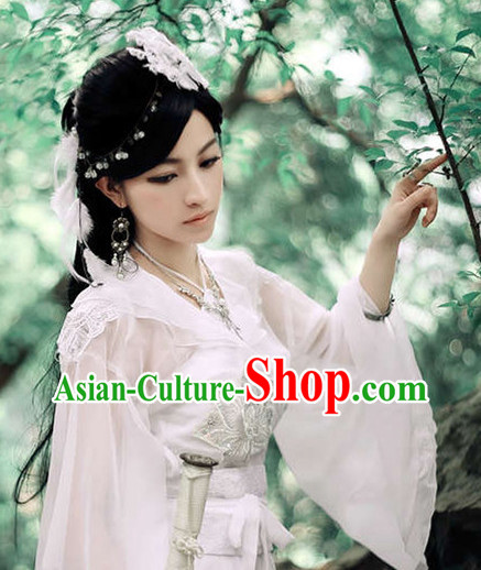 Romantic Wedding White Hanfu Dress and Hair Jewelry for Girls