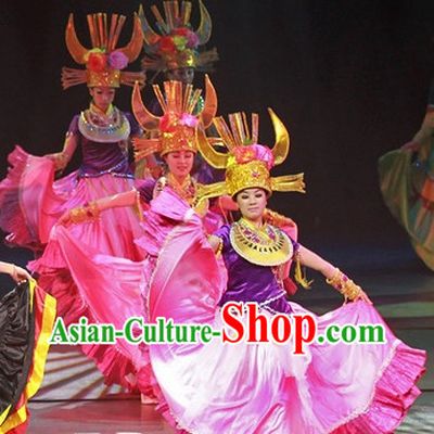 Chinese Lijiang Stage Performance Dance Costumes and Big Hat
