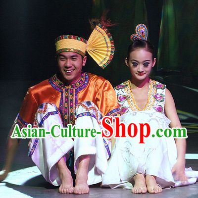 Chinese Yunan Xishuang Banna Dai Ethnic Men and Women's Dance Costumes