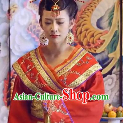 Asian China Princess Red Wedding Outfit and Phoenix Hair Jewelry for Women