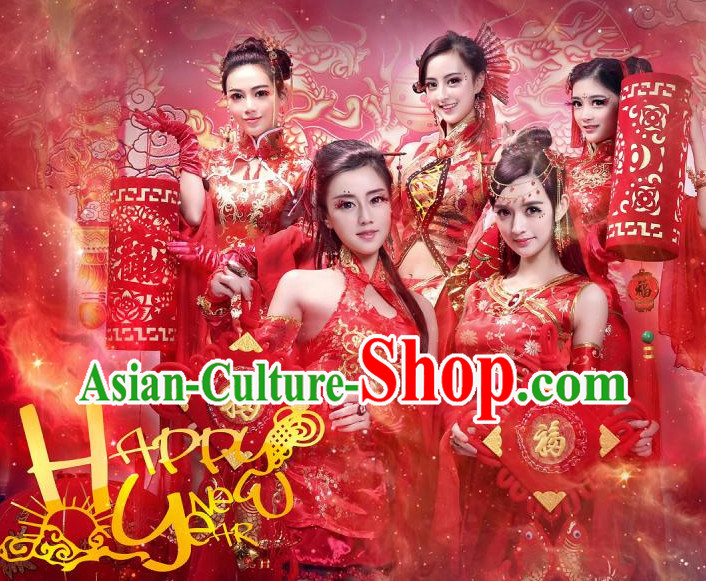 Happy New Year China Red Beauty Fairy Costumes Full Set