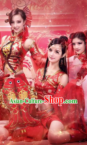Happy New Year China Red Beauty Fairy Costumes Full Set