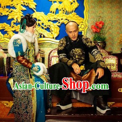 Traditional Manchu Princess Fur Robe Dresses and Headwear