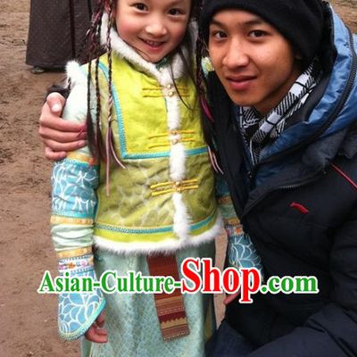 Traditional Mongolian Long Robe and Headwear for Girls