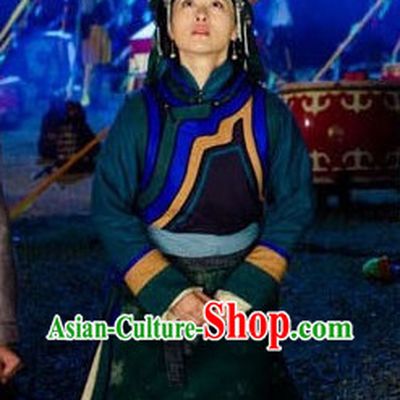 Traditional Mongolian Long Robe and Headwear for Girls
