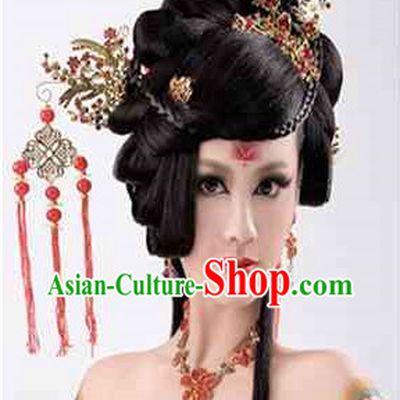 Chinese Wedding Bridal Black Wig and Hair Accessories