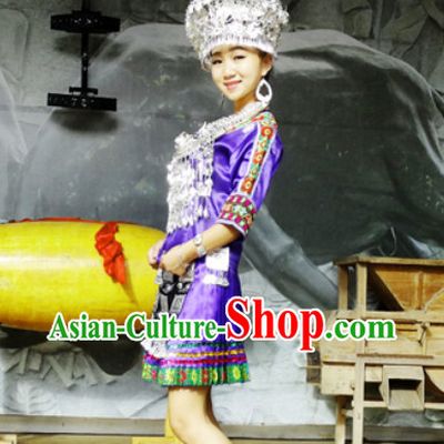 China Hmong Miao Ethnic Clothing and Silver Hat for Girls
