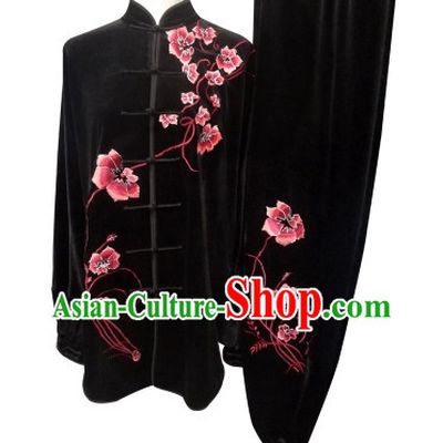 Black Velvet Embroidered Flower Kung Fu Suits Complete Set for Women