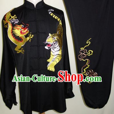 Black Dragon and Tiger Embroidery Silk Martial Arts Tai Chi Blouse Pants and Belt Complete Set