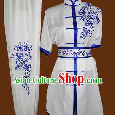 Blue Flower Embroidery Short Sleeves Wushu Uniforms