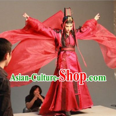 Chinese Top Kung Fu Master Dong Fang Bu Bai Red Costumes and Hat Complete Set