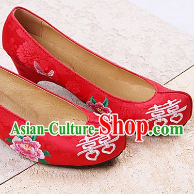 Korean Brides Wedding Bridal Red Shoes with Double Happiness Characters