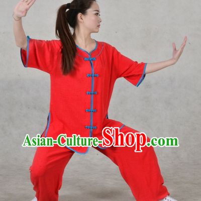 Plain Red Color Top Asian China Taiji Short Sleeves Uniform for Women