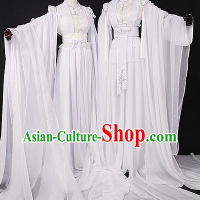 Chinese Pure White Romantic Wedding Gowns Hanfu Costumes Halloween Costumes for Men and Women