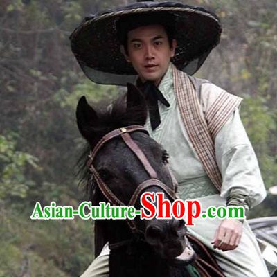 Chinese Swordman Costumes and Bamboo Hat Complete Set for Men