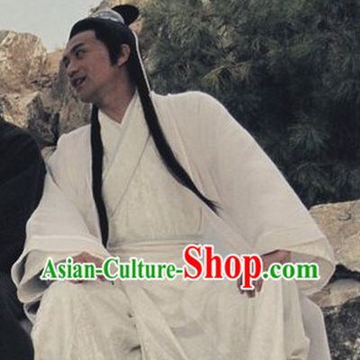Chinese Ancient White Hanfu Costumes and Hair Bands Complete Set for Men