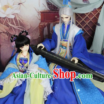 Chinese Blue Lover Costumes and Hair Jewelry Complete Set for Men and Women