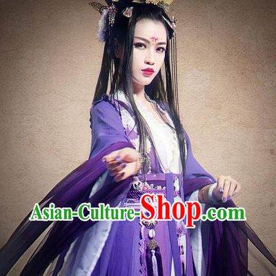 Asian Fashion Chinese Purple Princess Clothes and Hair Jewelry Complete Set for Women