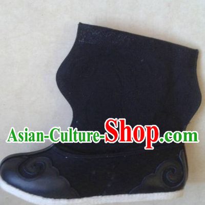 Handmade Chinese Traditional Ancient Warrior Wrestler Men Black Leather Boots Footwear