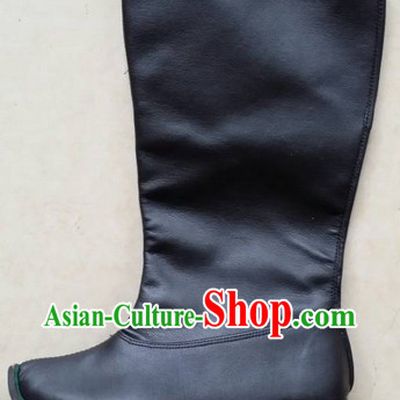 Handmade Chinese Traditional Black Ladies Leather Boots Footwear