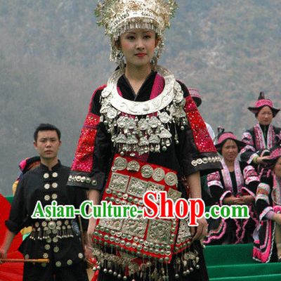 China Miao Tribe Clothing Silver Hat Necklace Complete Set