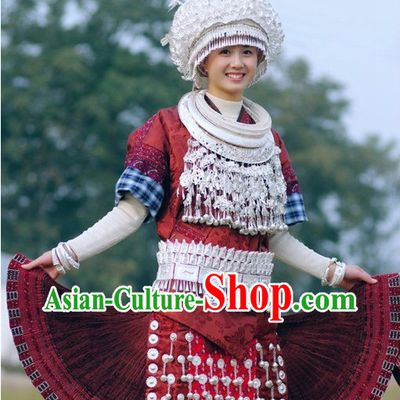 Oriental Chinese Traditional Miao Dress Ethnic Clothing and Silver Hat Necklace Complete Set