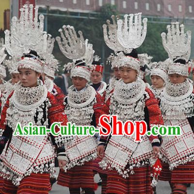 Oriental Chinese Traditional Miao Ethnic Clothing and Silver Hat Necklace Complete Set for Women