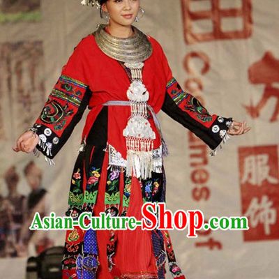 Chinese Traditional Miao Ethnic Clothing and Silver Hat Complete Set