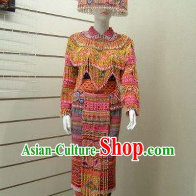 Chinese Traditional Miao Tribe Minority Clothing and Hat Complete Set