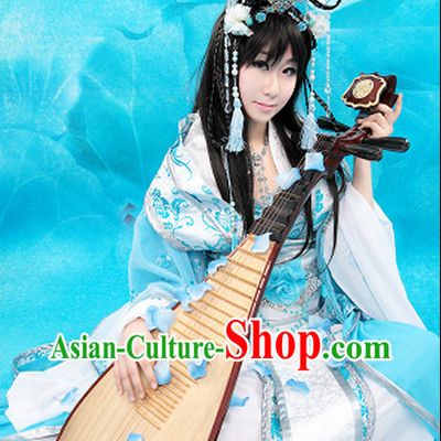 Chinese Blue and White Fairy Costumes and Hair Accessories Complete Set for Women