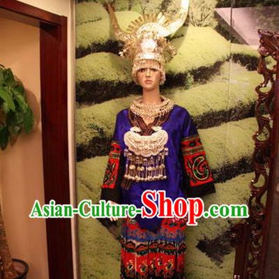 Chinese Traditional Miao Clothing and Silver Hat Complete Set for Women