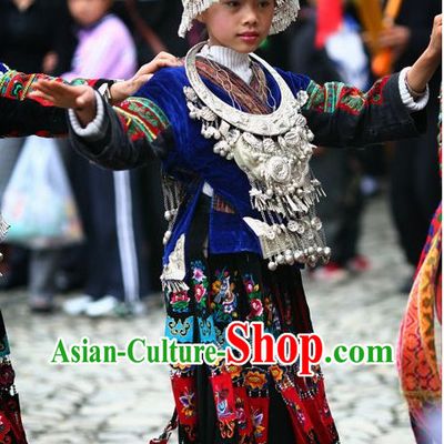 Chinese Traditional Miao Clothing and Silver Hat Complete Set for Kids Girls