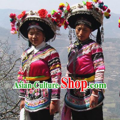 Oriental Clothing Chinese Miao Embroidered Costumes and Silver Hat Complete Set