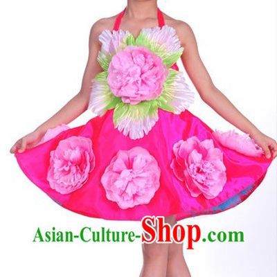 Oriental Clothing Chinese Children's Festival Penoy Dance Costumes and Peony Headdress Complete Set