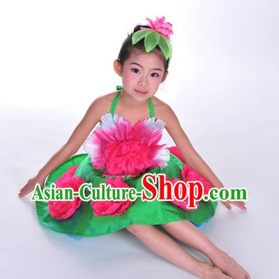 Oriental Clothing Chinese Children's Festival Penoy Dance Costumes and Peony Headdress Complete Set