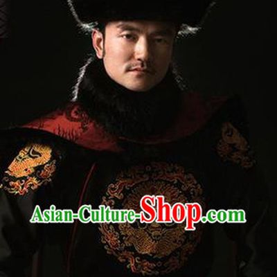 Chinese Qing Dynasty Emperor Dragon Costumes and Hat Complete Set
