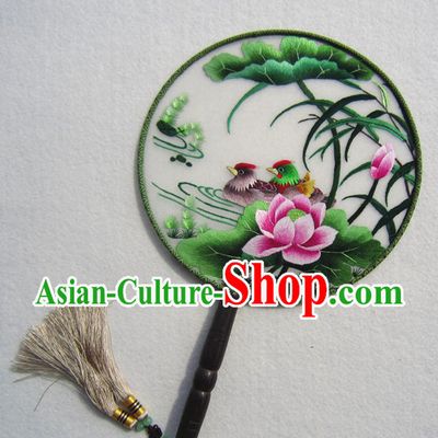 Chinese Traditional Hand Made and Embroidered Palace Lotus Mandarin Fan Arts