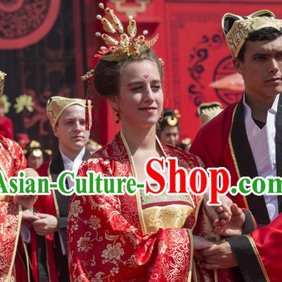 Asian Chinese Red Wedding Custom Made Costumes and Phoenix Headdresses for Women