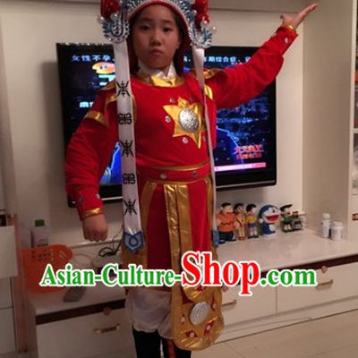 Chinese Hua Mudan Women Superhero Dance Costumes and Hat for Kids