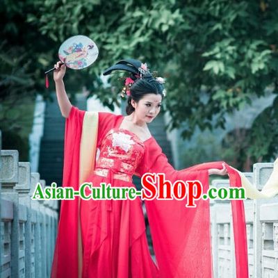 Asia Fashion Ancient China Culture Chinese Red Hanfu Dress and Hair Accessories Complete Set
