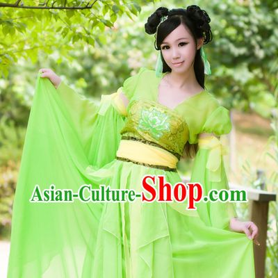 Asia Fashion Ancient China Culture Chinese Light Green Hanfu Clothes and Hair Accessories