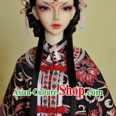 Traditional Chinese Wife Long Black Wig and Hair Accessories Headbands