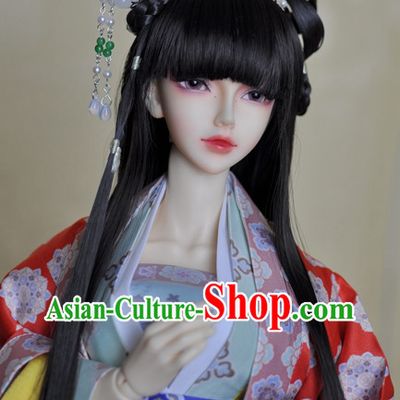 Traditional Chinese Black Long Wig and Hair Accessories Hair Jewelry