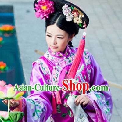 China Fashion Chinese Ancient Costume Qing Dynasty Cheongsam and Hair Accessories Complete Set