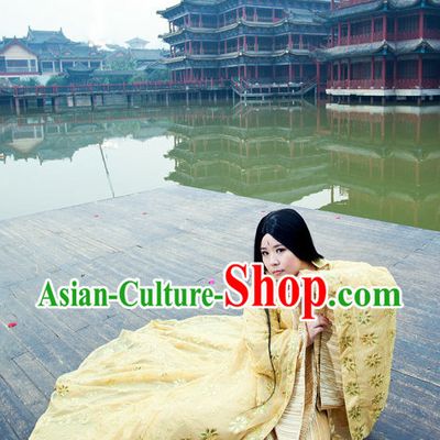 Chinese Traditional Princess Gold Costume and Long Black Wig Complete Set