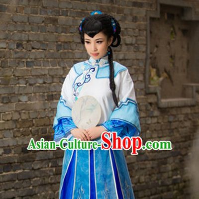 Chinese Traditional National Costumes Noblewoman Mandarin Dress and Fan Complete Set