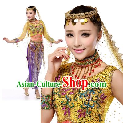 Chinese Traditional Xinjiang Dance Costumes Suppy and Headpieces Complete Set