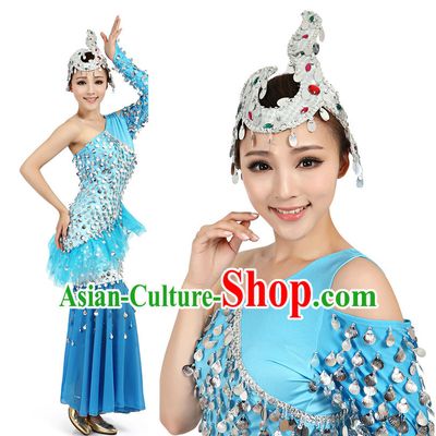 Chinese Dai Zu Ethnic Dance Costumes Apparel Dance Stores Dance Gear Dance Attire and Hair Accessories Complete Set for Women