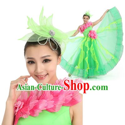 Chinese Flower Dance Costumes Apparel Dance Stores Dance Gear Dance Attire and Hair Accessories Complete Set for Women