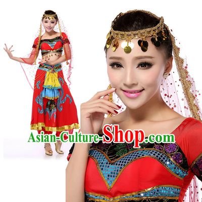 Indian Traditional Classical Peony Dancing Apparel Dance Attire and Headpiece Complete Set for Women
